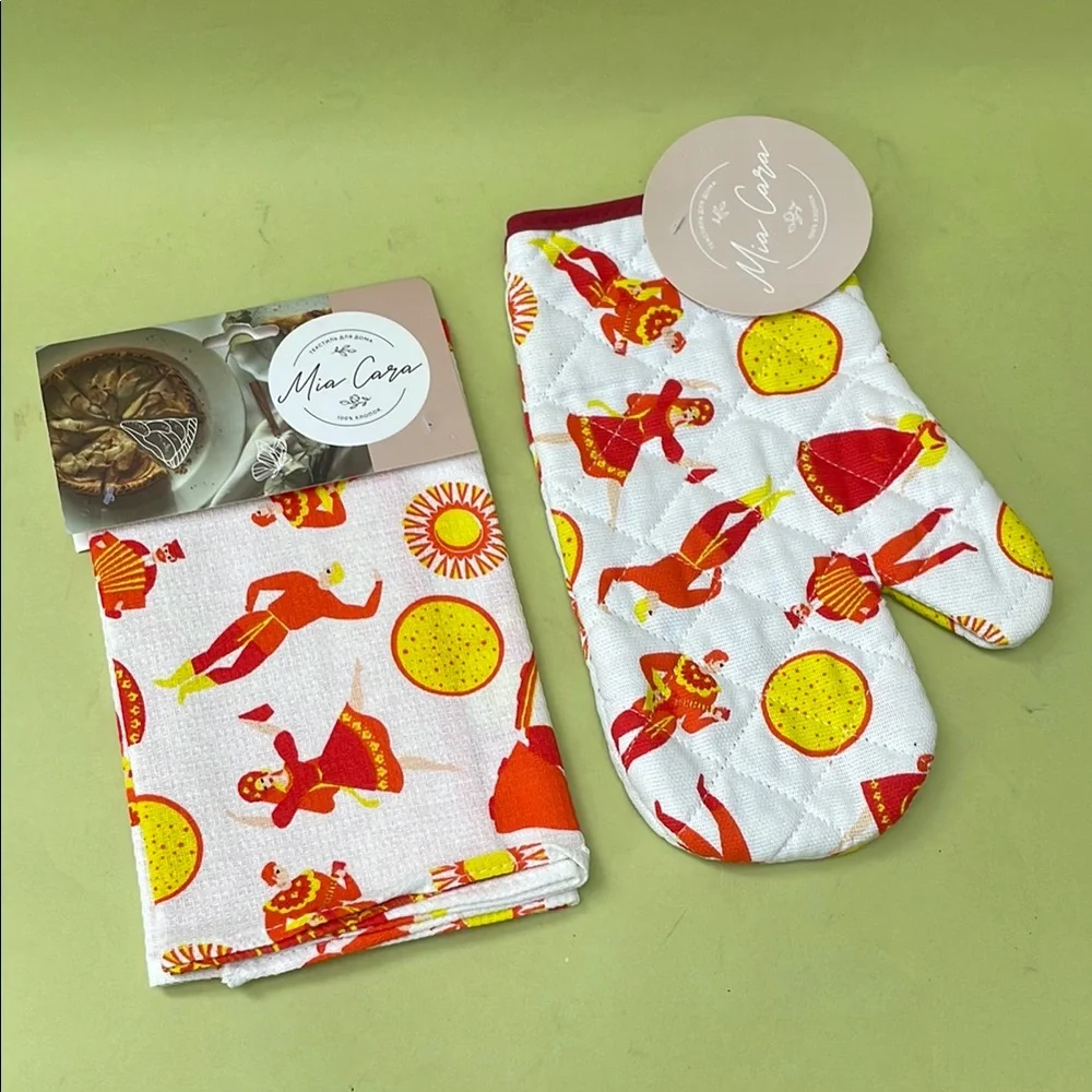 New Colorful Kitchen Oven Mitt and Towel Cotton Set made in Russia